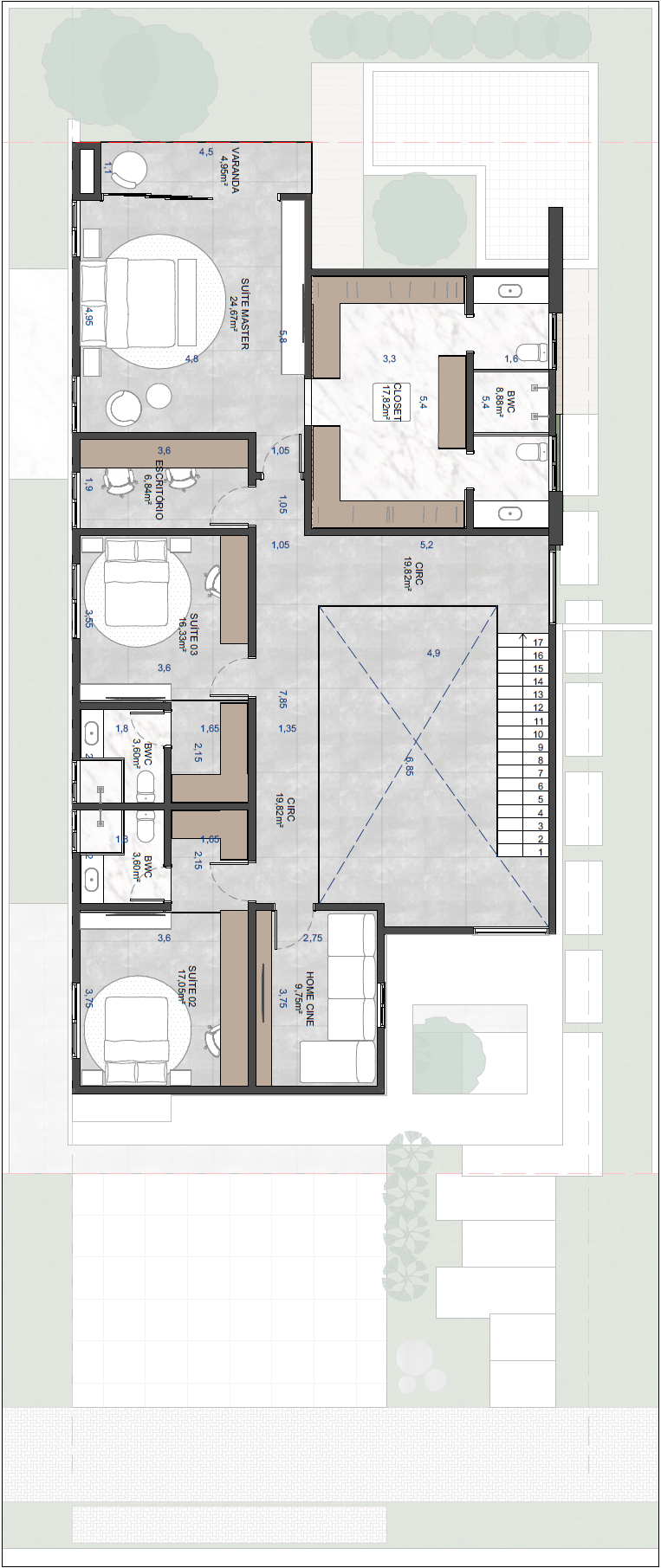 Planta humanizada do 1º pavimento da Casa Palmier